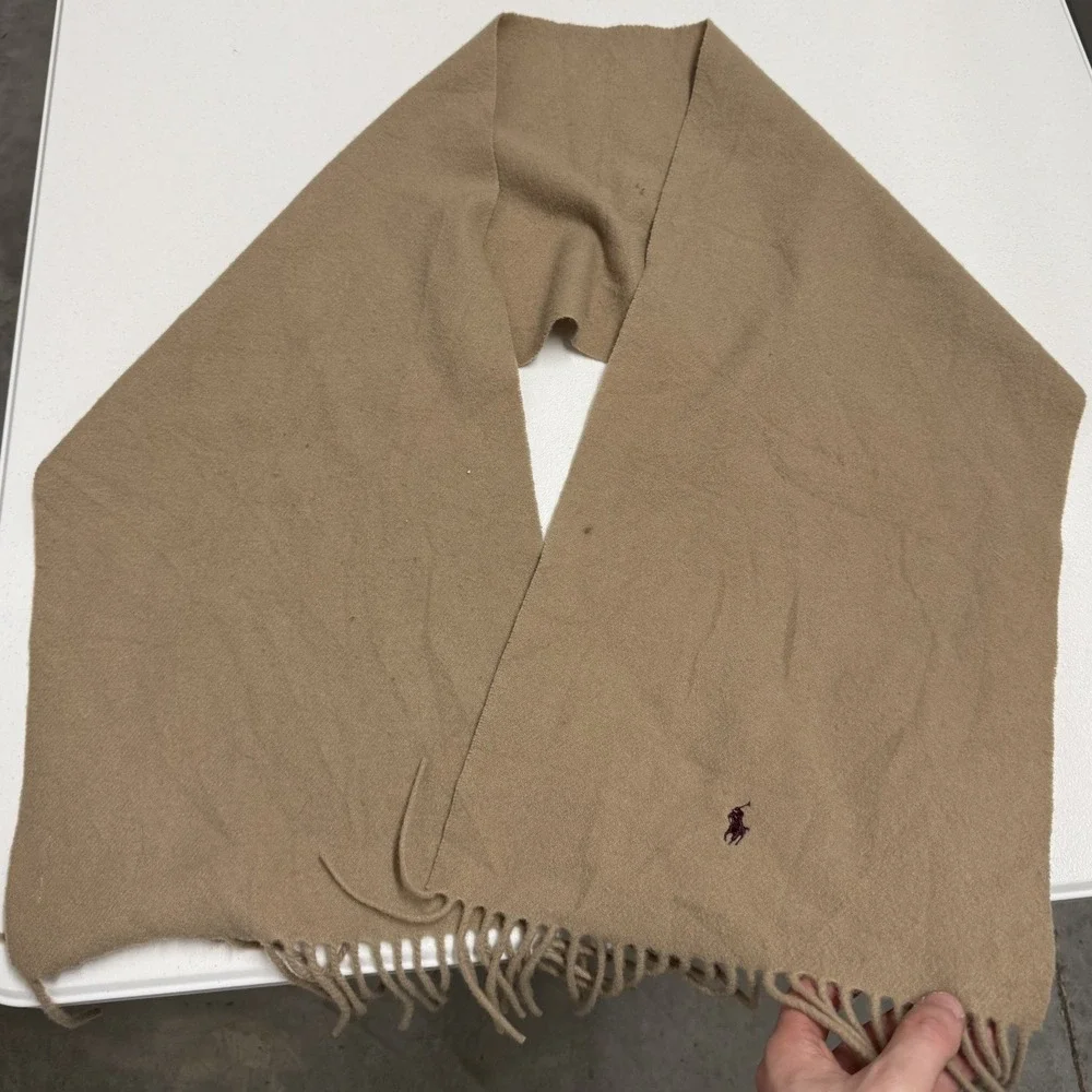 Polo Ralph Lauren Scarf Unisex OS Tan Excellent Lambswool Fringed Pony Logo